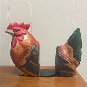 Hand-Painted Rooster Bookends - Red, Orange, Green